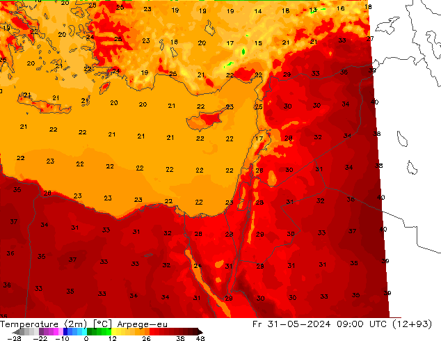 Temperatura (2m) Arpege-eu ven 31.05.2024 09 UTC