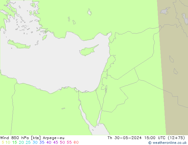 Wind 850 hPa Arpege-eu Čt 30.05.2024 15 UTC