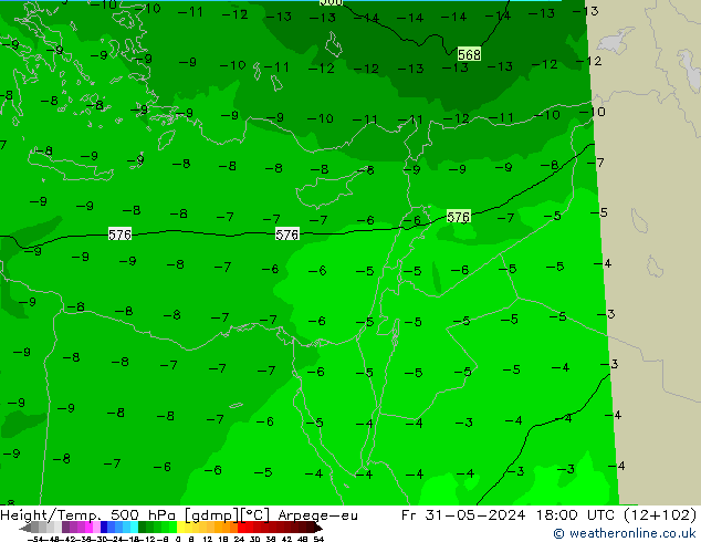 Geop./Temp. 500 hPa Arpege-eu vie 31.05.2024 18 UTC