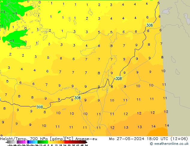 Geop./Temp. 700 hPa Arpege-eu lun 27.05.2024 18 UTC