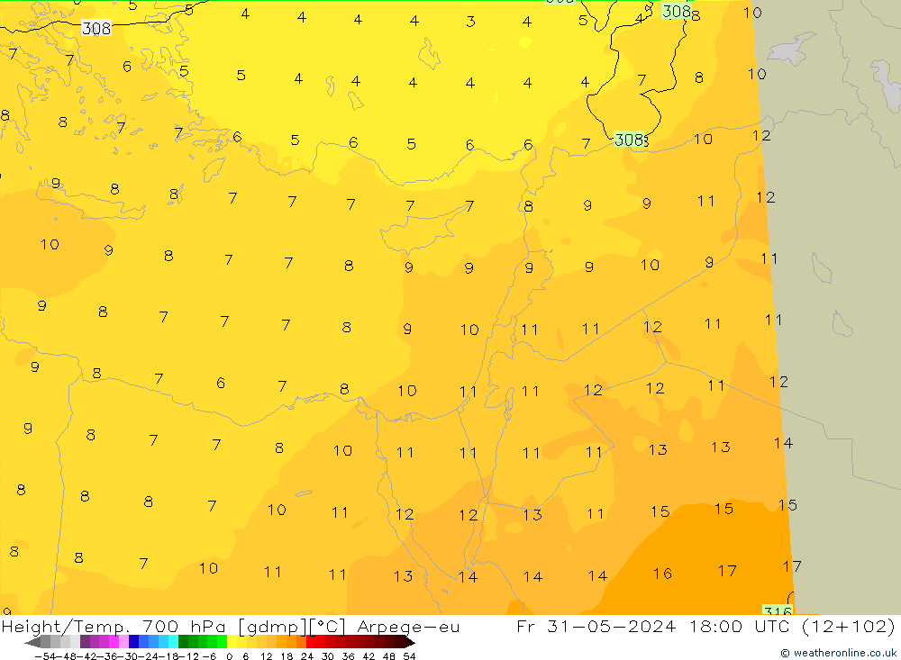 Geop./Temp. 700 hPa Arpege-eu vie 31.05.2024 18 UTC