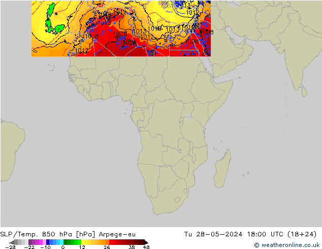 SLP/Temp. 850 hPa Arpege-eu Tu 28.05.2024 18 UTC