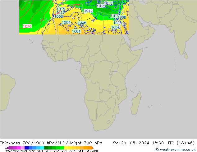 Thck 700-1000 hPa Arpege-eu We 29.05.2024 18 UTC