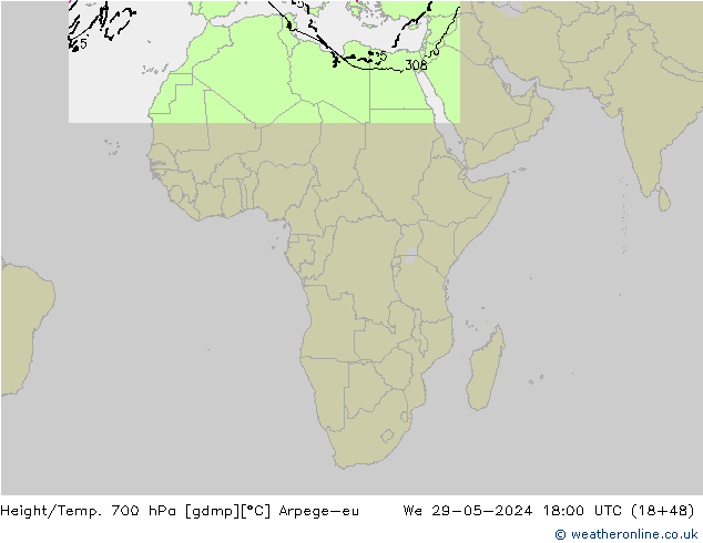 Hoogte/Temp. 700 hPa Arpege-eu wo 29.05.2024 18 UTC