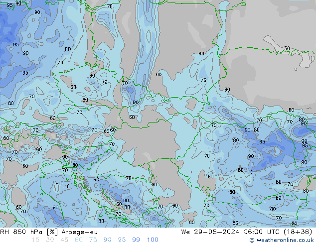 Humedad rel. 850hPa Arpege-eu mié 29.05.2024 06 UTC