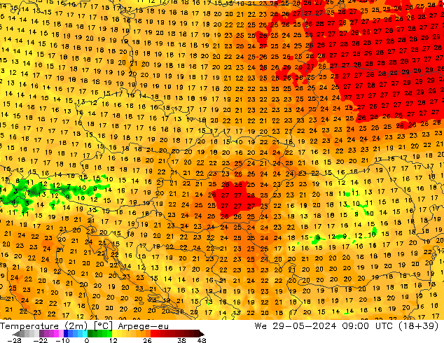 température (2m) Arpege-eu mer 29.05.2024 09 UTC