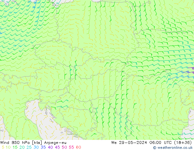 Vento 850 hPa Arpege-eu mer 29.05.2024 06 UTC