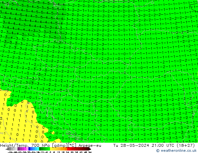 Height/Temp. 700 hPa Arpege-eu Tu 28.05.2024 21 UTC