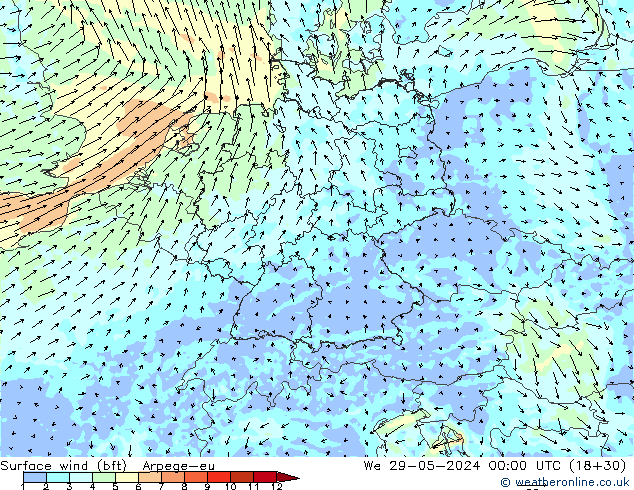 wiatr 10 m (bft) Arpege-eu śro. 29.05.2024 00 UTC