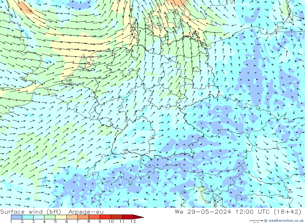 Surface wind (bft) Arpege-eu We 29.05.2024 12 UTC