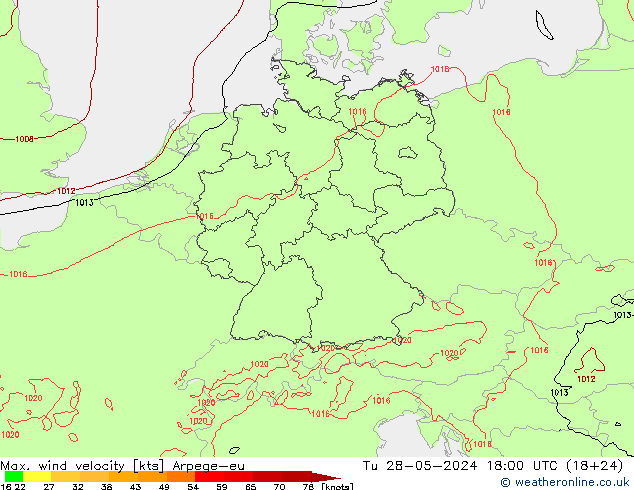 Max. wind velocity Arpege-eu вт 28.05.2024 18 UTC