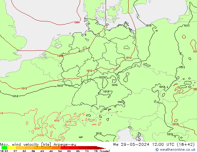 Max. wind velocity Arpege-eu mié 29.05.2024 12 UTC