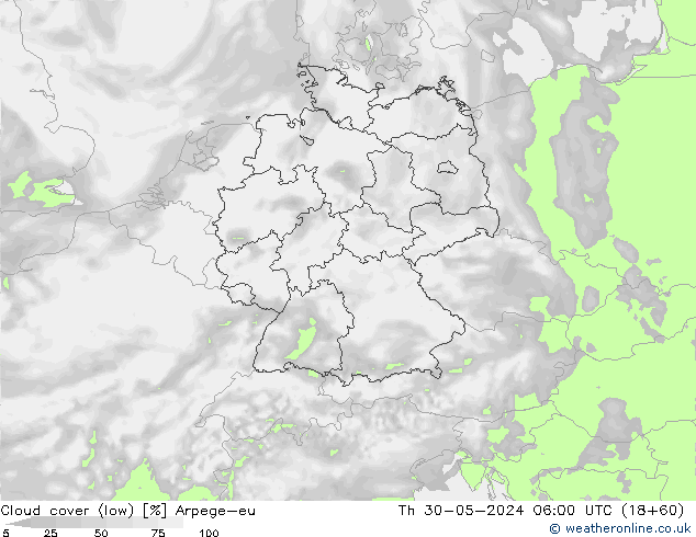 Cloud cover (low) Arpege-eu Th 30.05.2024 06 UTC