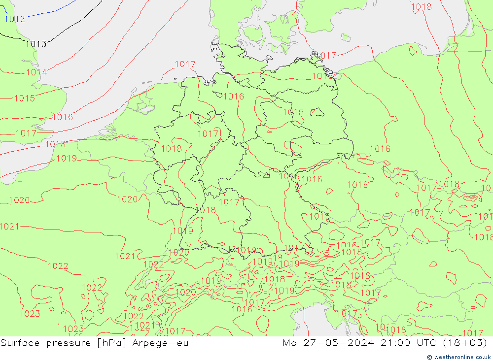 Surface pressure Arpege-eu Mo 27.05.2024 21 UTC