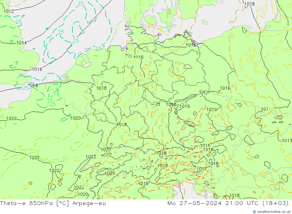 Theta-e 850hPa Arpege-eu lun 27.05.2024 21 UTC