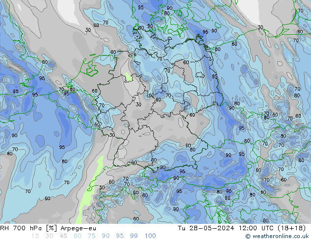 RH 700 hPa Arpege-eu Tu 28.05.2024 12 UTC