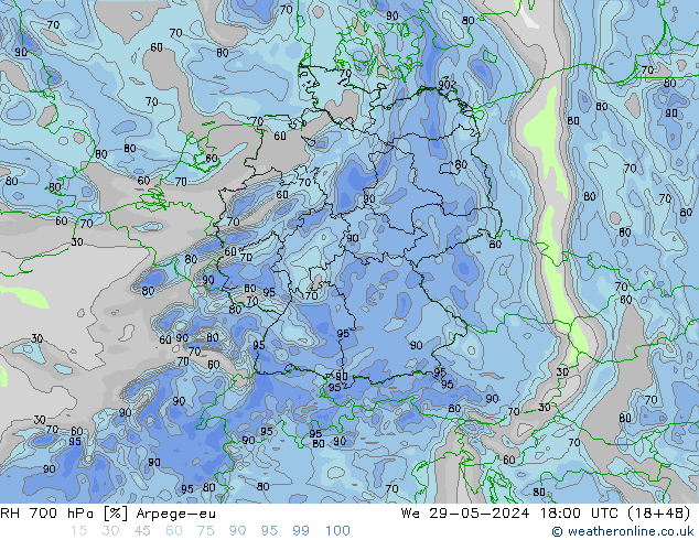 Humedad rel. 700hPa Arpege-eu mié 29.05.2024 18 UTC