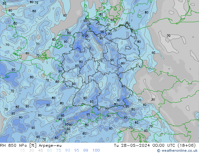 Humedad rel. 850hPa Arpege-eu mar 28.05.2024 00 UTC