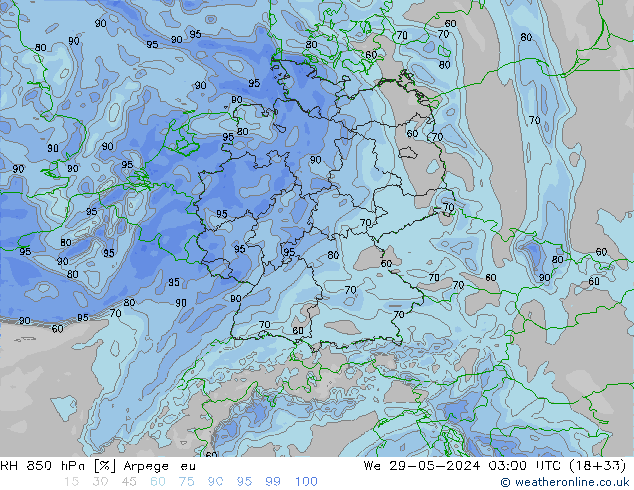 RH 850 hPa Arpege-eu We 29.05.2024 03 UTC