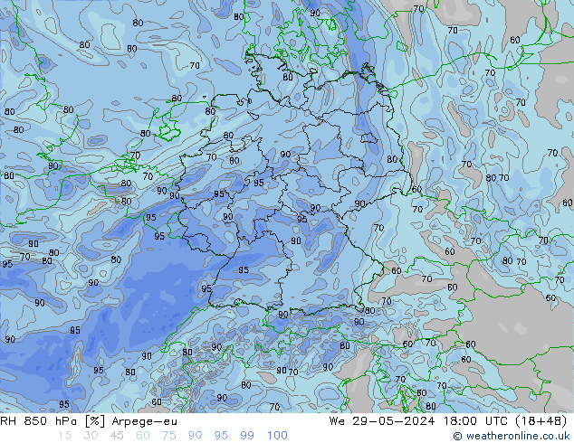 RH 850 hPa Arpege-eu St 29.05.2024 18 UTC