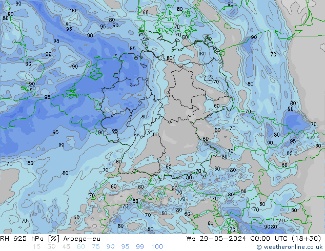 RH 925 hPa Arpege-eu śro. 29.05.2024 00 UTC