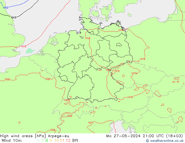 High wind areas Arpege-eu Po 27.05.2024 21 UTC