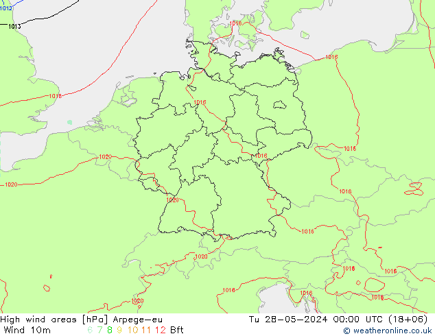 High wind areas Arpege-eu Út 28.05.2024 00 UTC