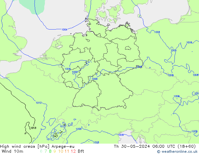 High wind areas Arpege-eu Qui 30.05.2024 06 UTC