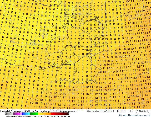 Geop./Temp. 850 hPa Arpege-eu mié 29.05.2024 18 UTC