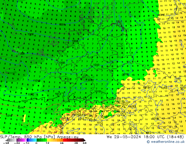 SLP/Temp. 850 гПа Arpege-eu ср 29.05.2024 18 UTC