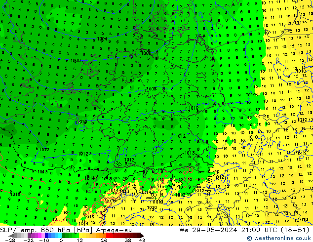 SLP/Temp. 850 hPa Arpege-eu St 29.05.2024 21 UTC