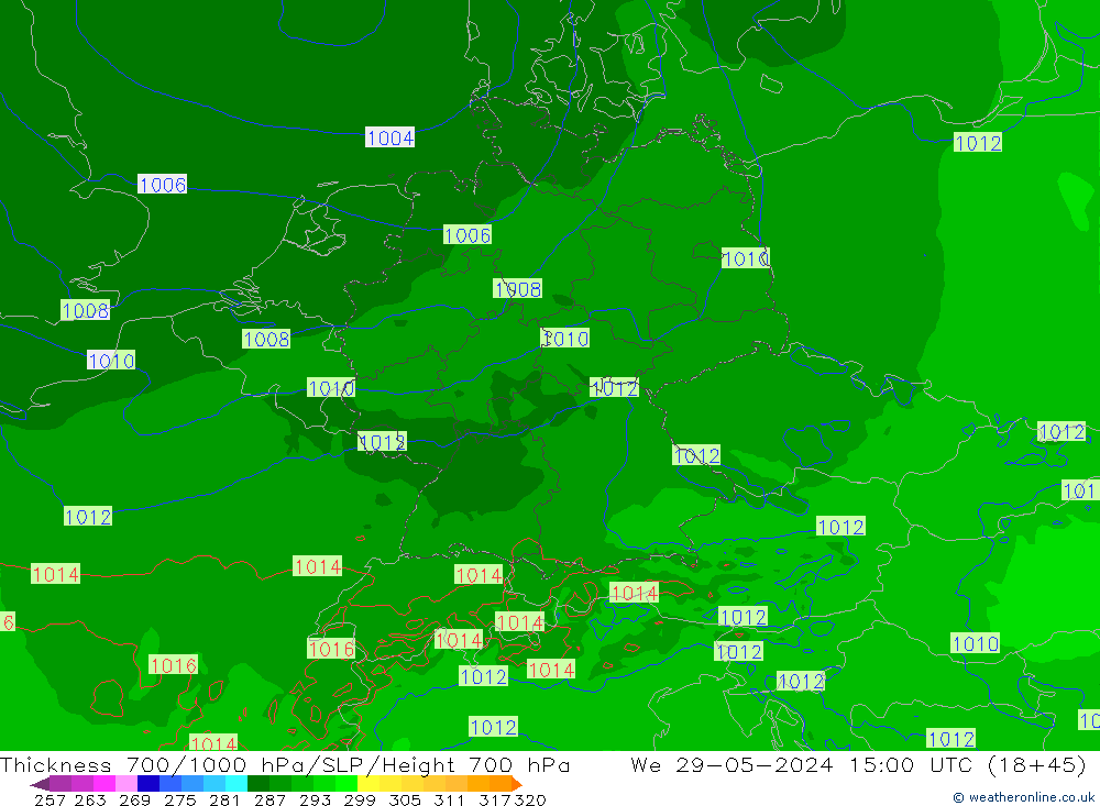 Thck 700-1000 hPa Arpege-eu We 29.05.2024 15 UTC