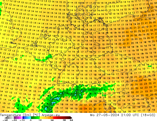 Temperature (2m) Arpege-eu Mo 27.05.2024 21 UTC