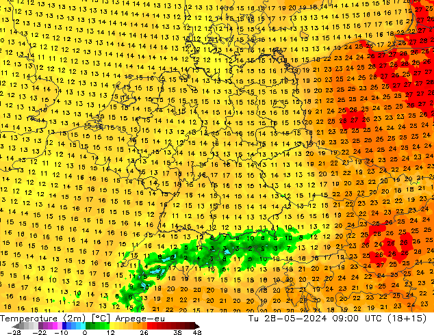 Sıcaklık Haritası (2m) Arpege-eu Sa 28.05.2024 09 UTC