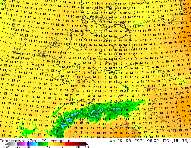 Temperaturkarte (2m) Arpege-eu Mi 29.05.2024 06 UTC