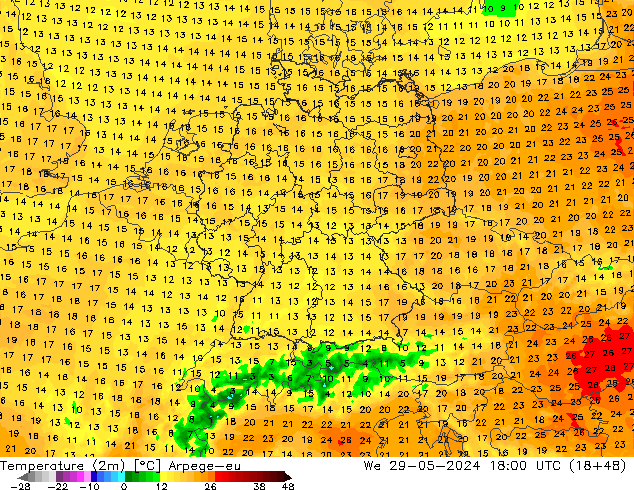 Temperatura (2m) Arpege-eu mer 29.05.2024 18 UTC