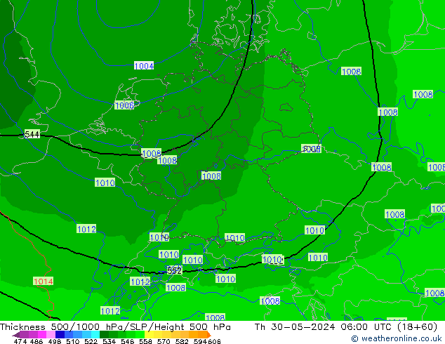 Espesor 500-1000 hPa Arpege-eu jue 30.05.2024 06 UTC