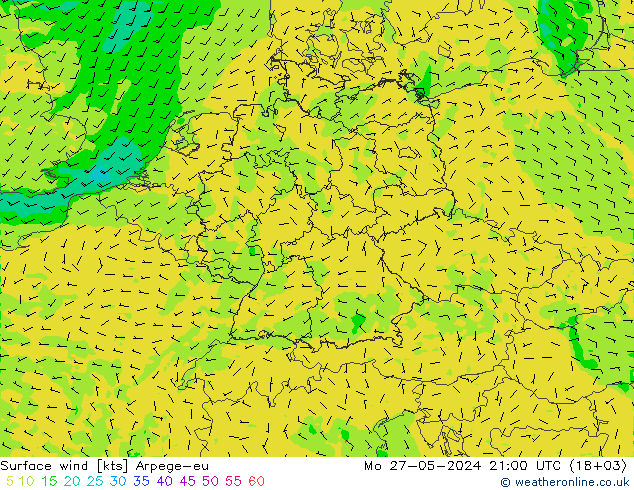Surface wind Arpege-eu Mo 27.05.2024 21 UTC
