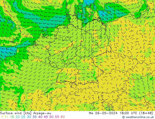 Surface wind Arpege-eu St 29.05.2024 18 UTC