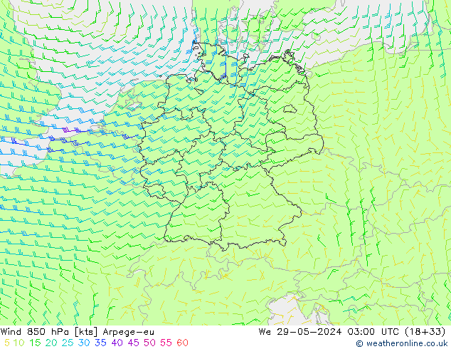 Wind 850 hPa Arpege-eu We 29.05.2024 03 UTC