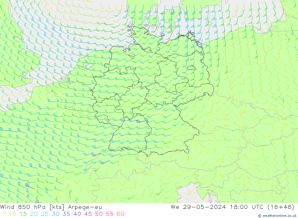 Wind 850 hPa Arpege-eu wo 29.05.2024 18 UTC