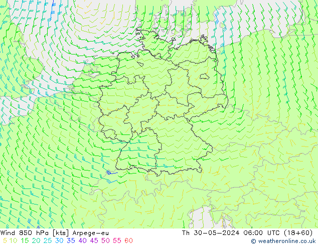 Wind 850 hPa Arpege-eu Čt 30.05.2024 06 UTC