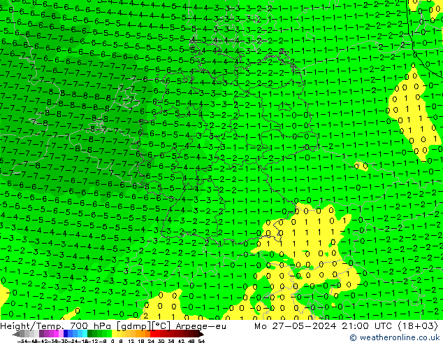 Height/Temp. 700 hPa Arpege-eu Mo 27.05.2024 21 UTC