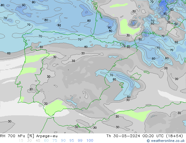 RH 700 hPa Arpege-eu czw. 30.05.2024 00 UTC