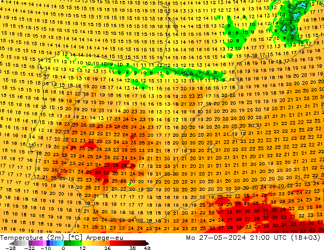 Temperature (2m) Arpege-eu Mo 27.05.2024 21 UTC