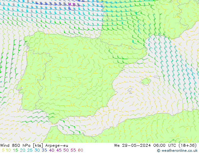 Wind 850 hPa Arpege-eu Mi 29.05.2024 06 UTC