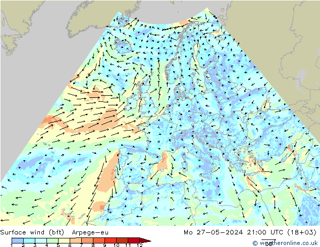 Surface wind (bft) Arpege-eu Mo 27.05.2024 21 UTC