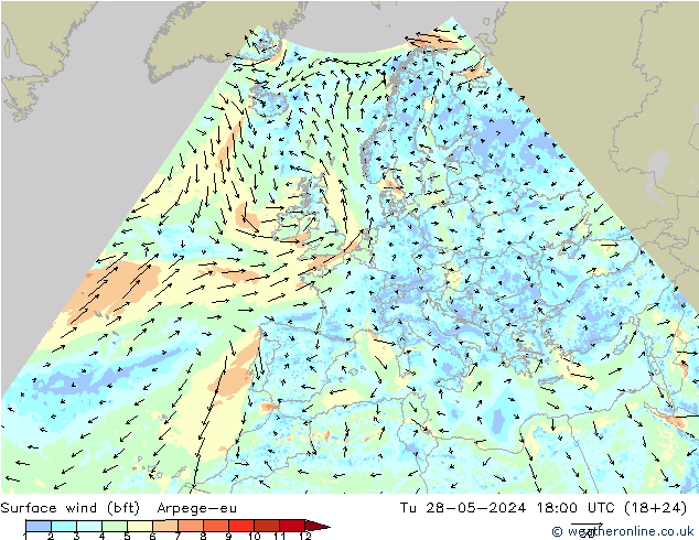 Surface wind (bft) Arpege-eu Út 28.05.2024 18 UTC