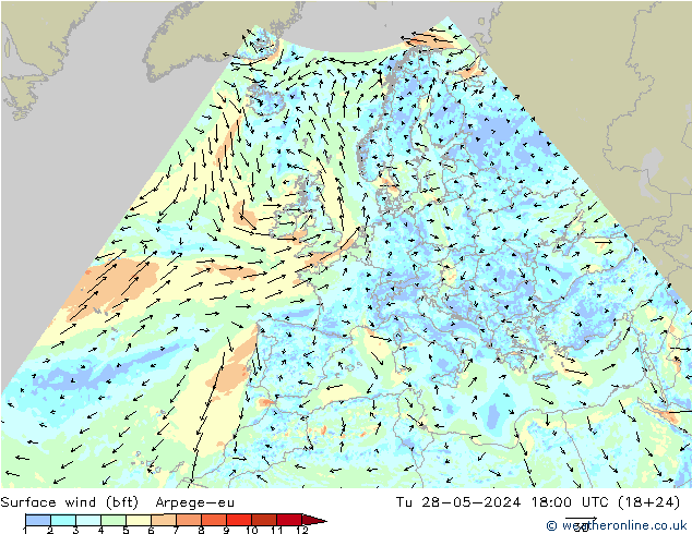 Bodenwind (bft) Arpege-eu Di 28.05.2024 18 UTC