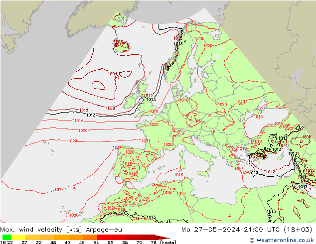 Max. wind velocity Arpege-eu Mo 27.05.2024 21 UTC